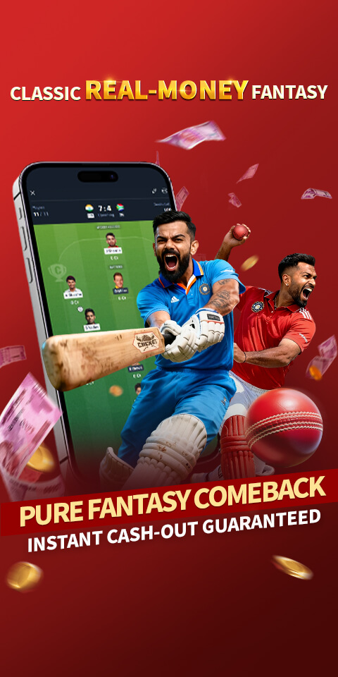Fantasy artwork from the product. The phone shows a sample team, and the line says instant cash-out guaranteed.