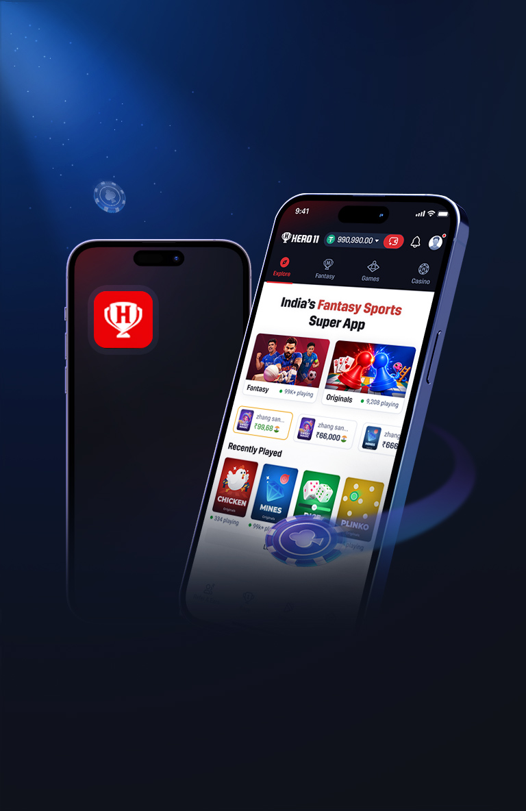 Two phones showing Hero11, one with the red H mark on a dark screen and one open on the Hero11 app