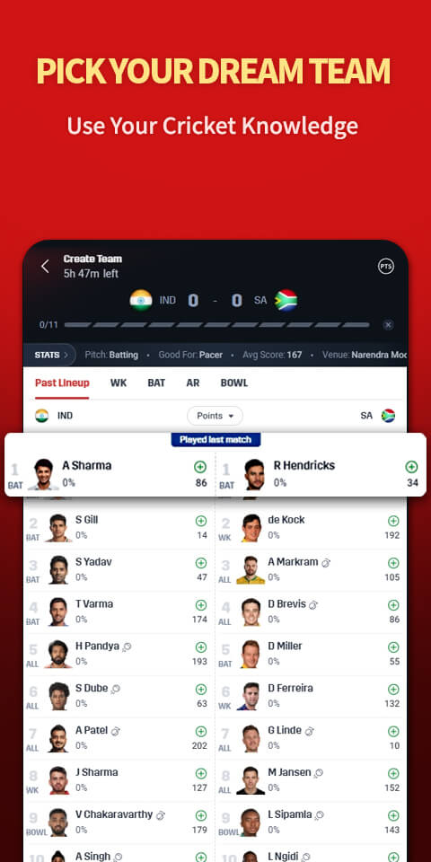 Sample Create Team screen for an IND and SA fixture, with a 0 of 11 counter and role tabs, shown as a layout example